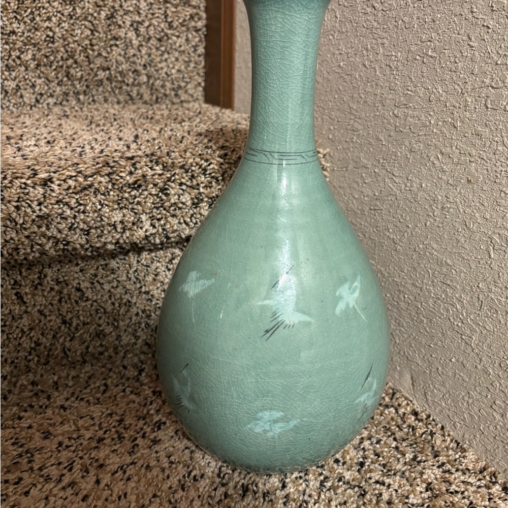 Vintage Celadon Artisan Teal Vase with Heron Pattern